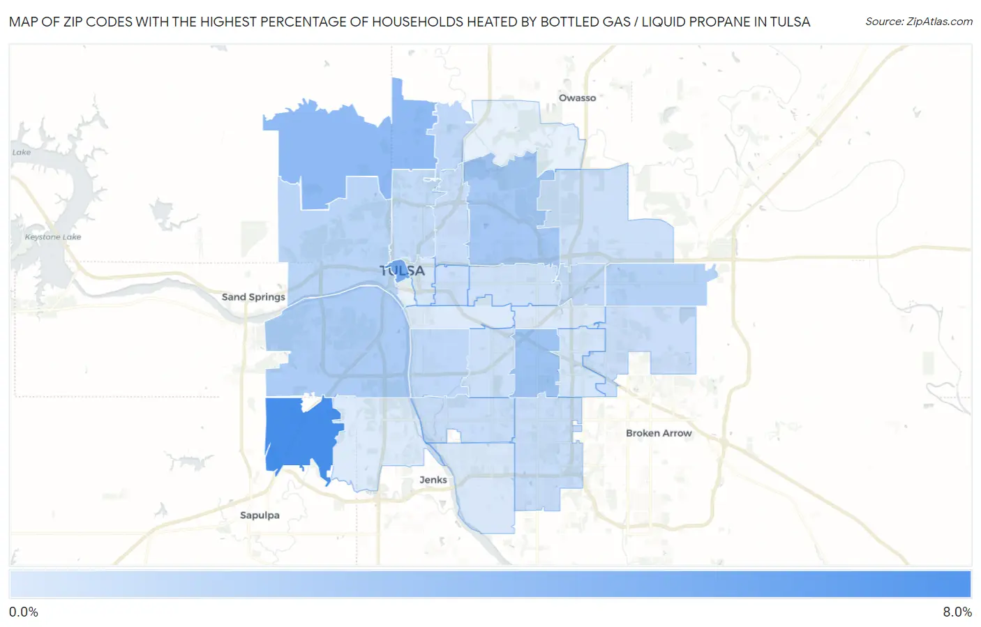 Zip Codes with the Highest Percentage of Households Heated by Bottled Gas / Liquid Propane in Tulsa Map