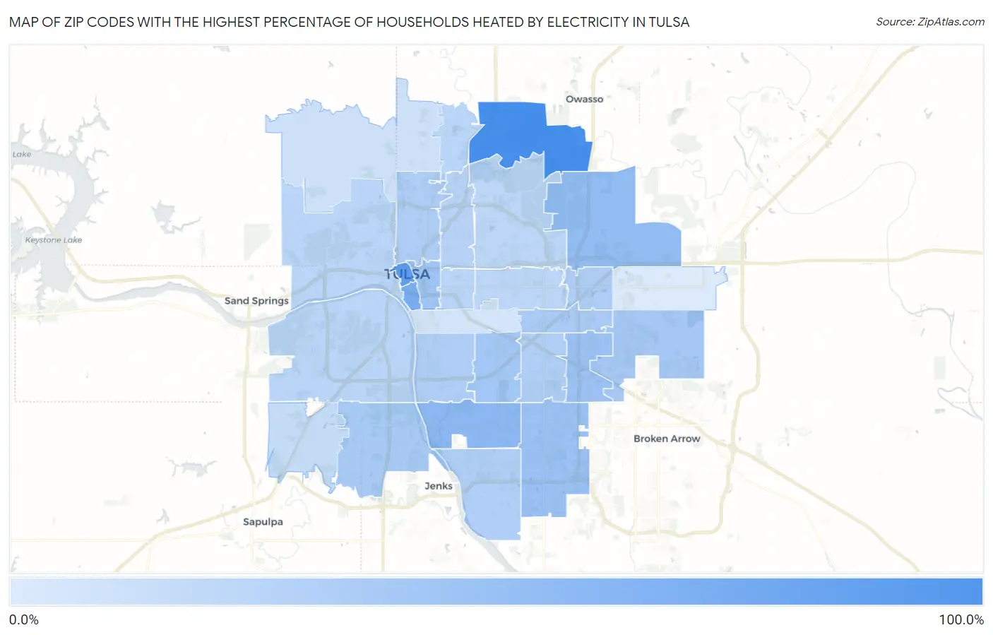 Zip Codes with the Highest Percentage of Households Heated by Electricity in Tulsa Map