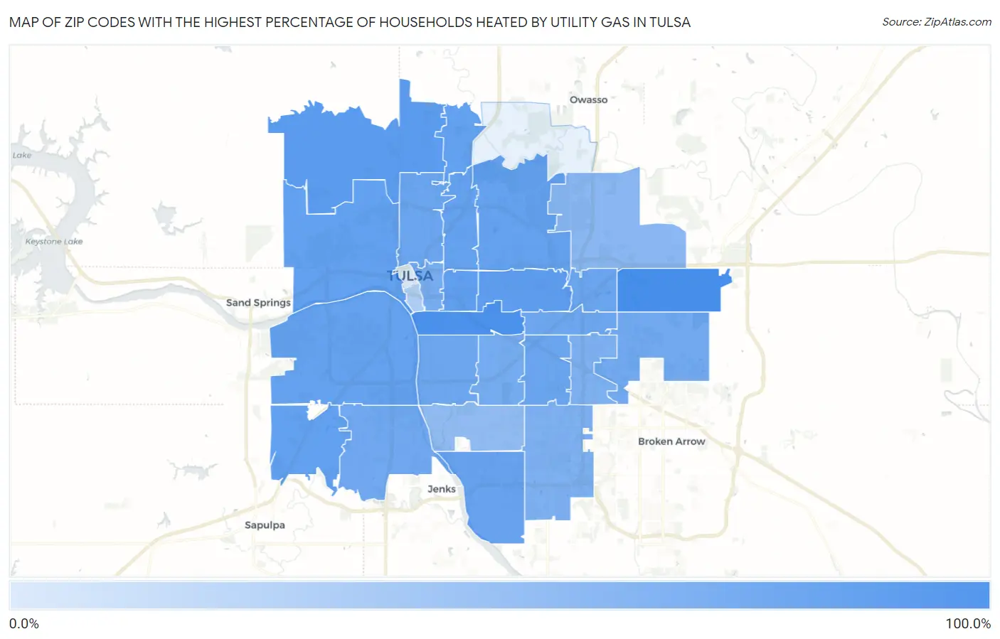Zip Codes with the Highest Percentage of Households Heated by Utility Gas in Tulsa Map