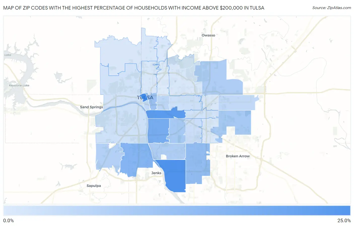 Zip Codes with the Highest Percentage of Households with Income Above $200,000 in Tulsa Map