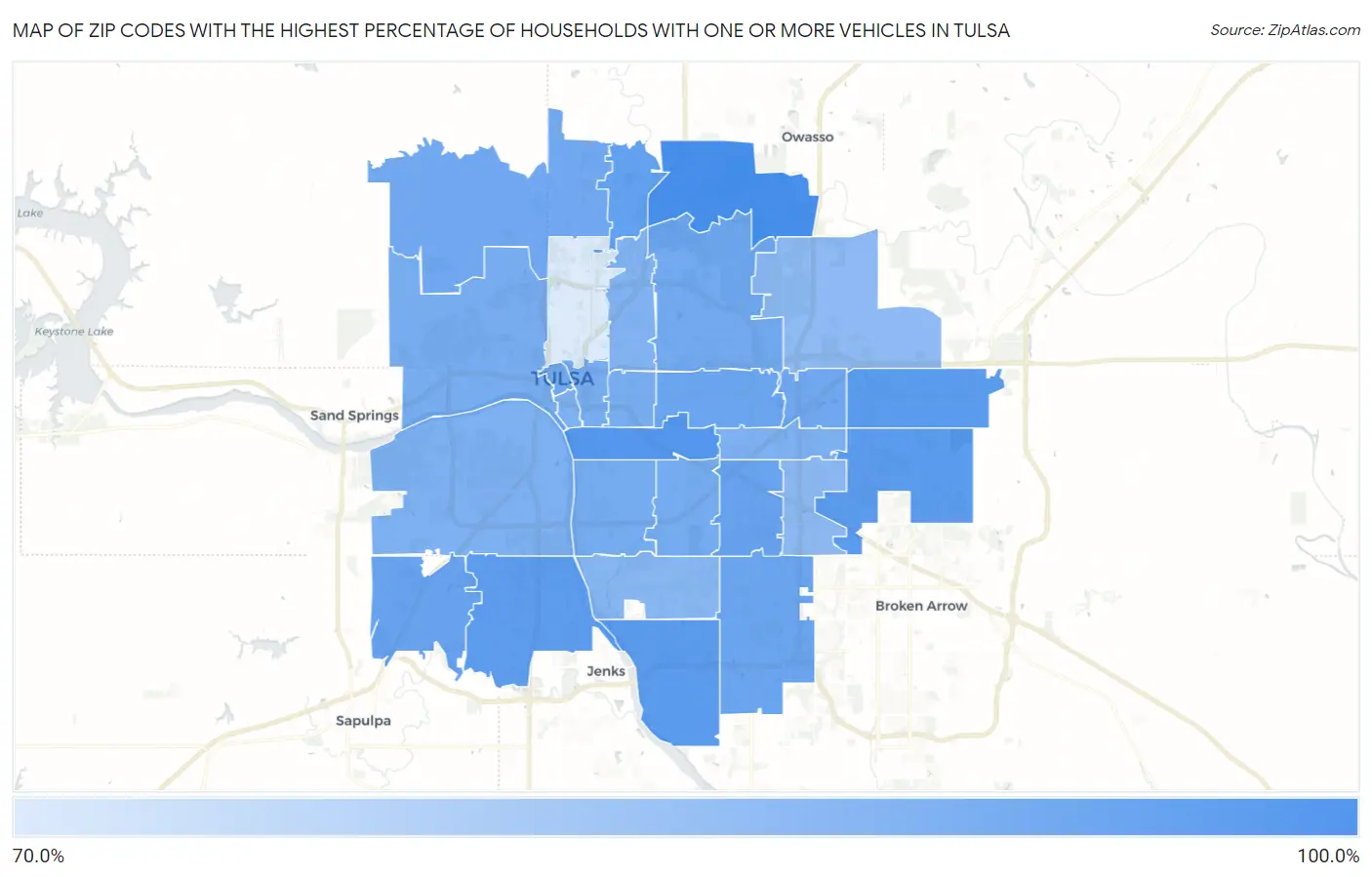 Zip Codes with the Highest Percentage of Households With One or more Vehicles in Tulsa Map