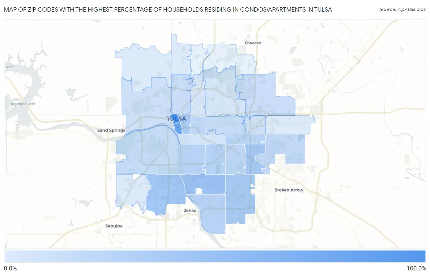 Zip Codes with the Highest Percentage of Households Residing in Condos/Apartments in Tulsa Map