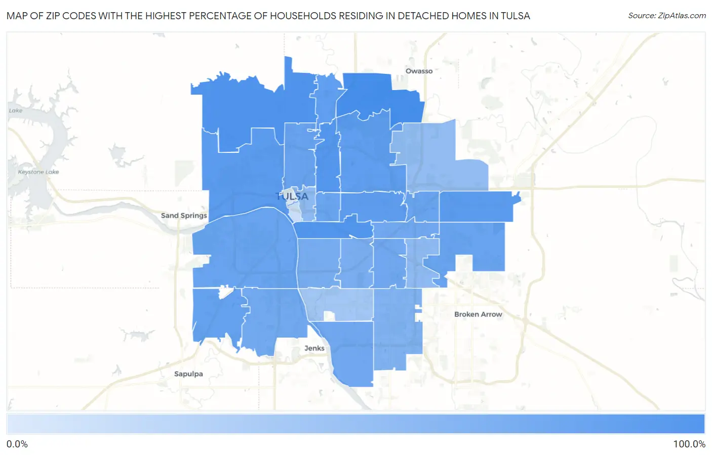 Zip Codes with the Highest Percentage of Households Residing in Detached Homes in Tulsa Map