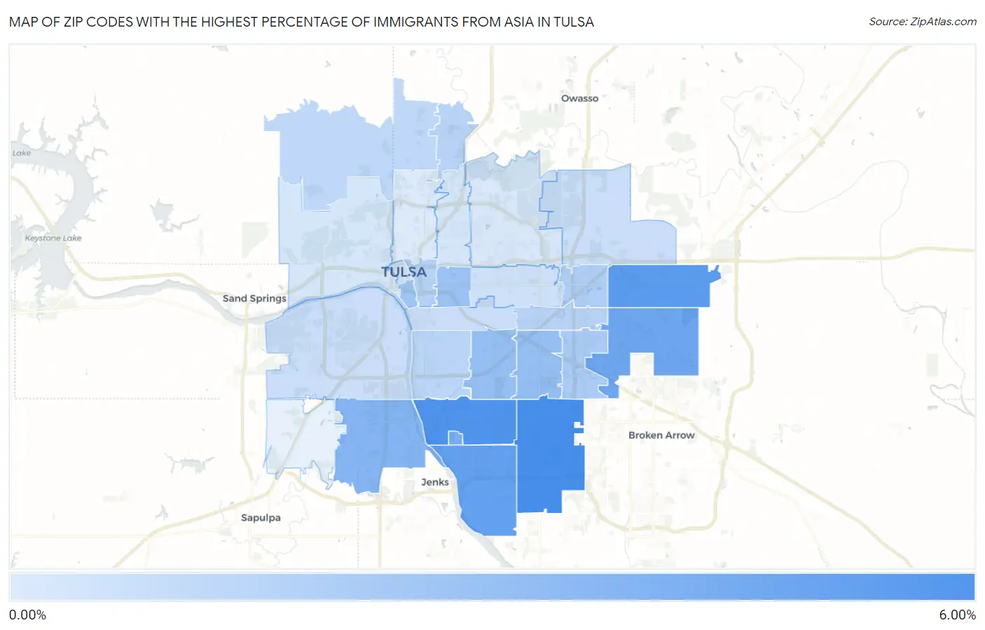 Zip Codes with the Highest Percentage of Immigrants from Asia in Tulsa Map