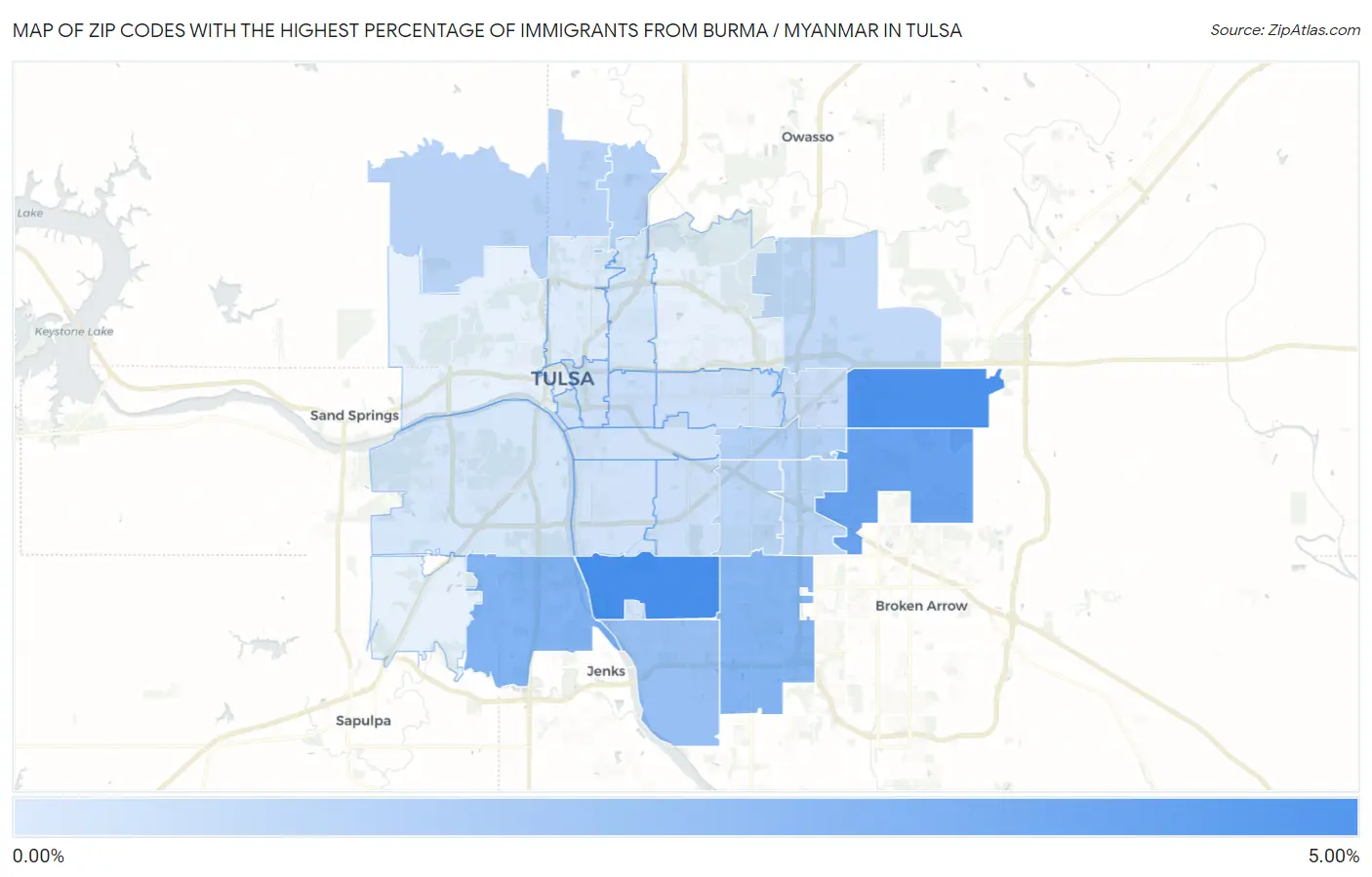 Zip Codes with the Highest Percentage of Immigrants from Burma / Myanmar in Tulsa Map