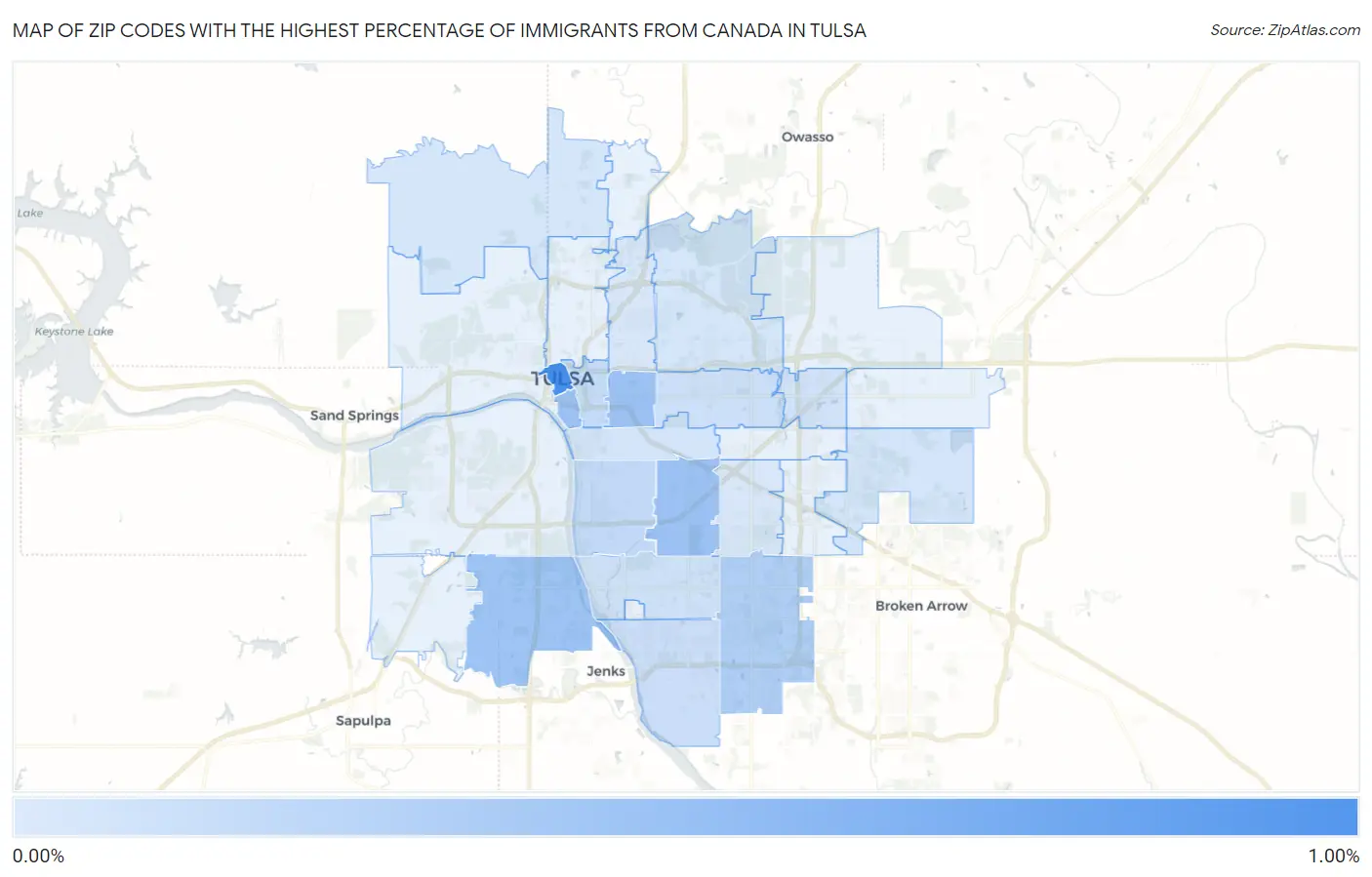 Zip Codes with the Highest Percentage of Immigrants from Canada in Tulsa Map