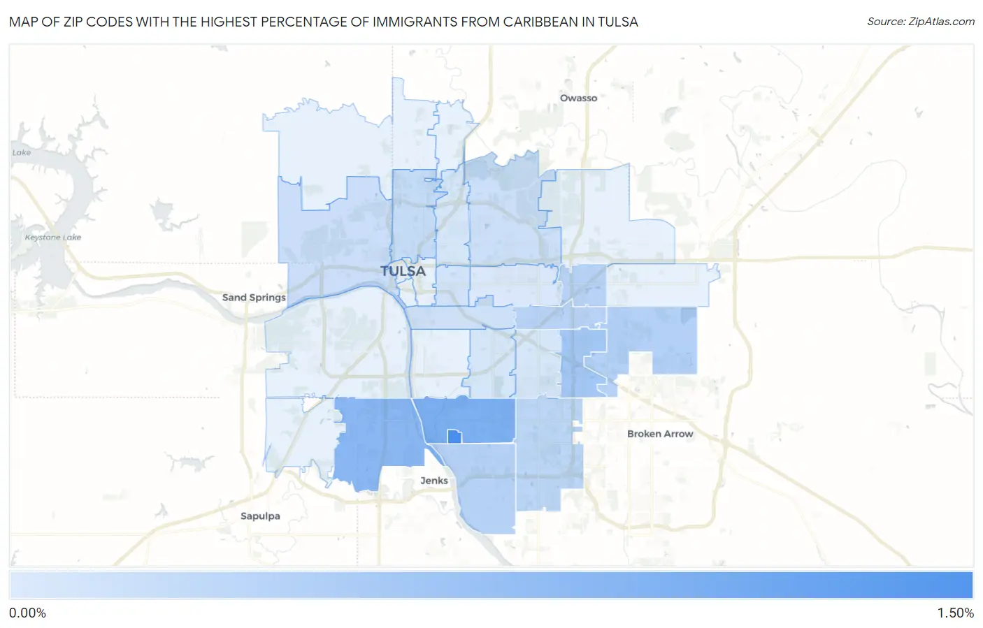 Zip Codes with the Highest Percentage of Immigrants from Caribbean in Tulsa Map