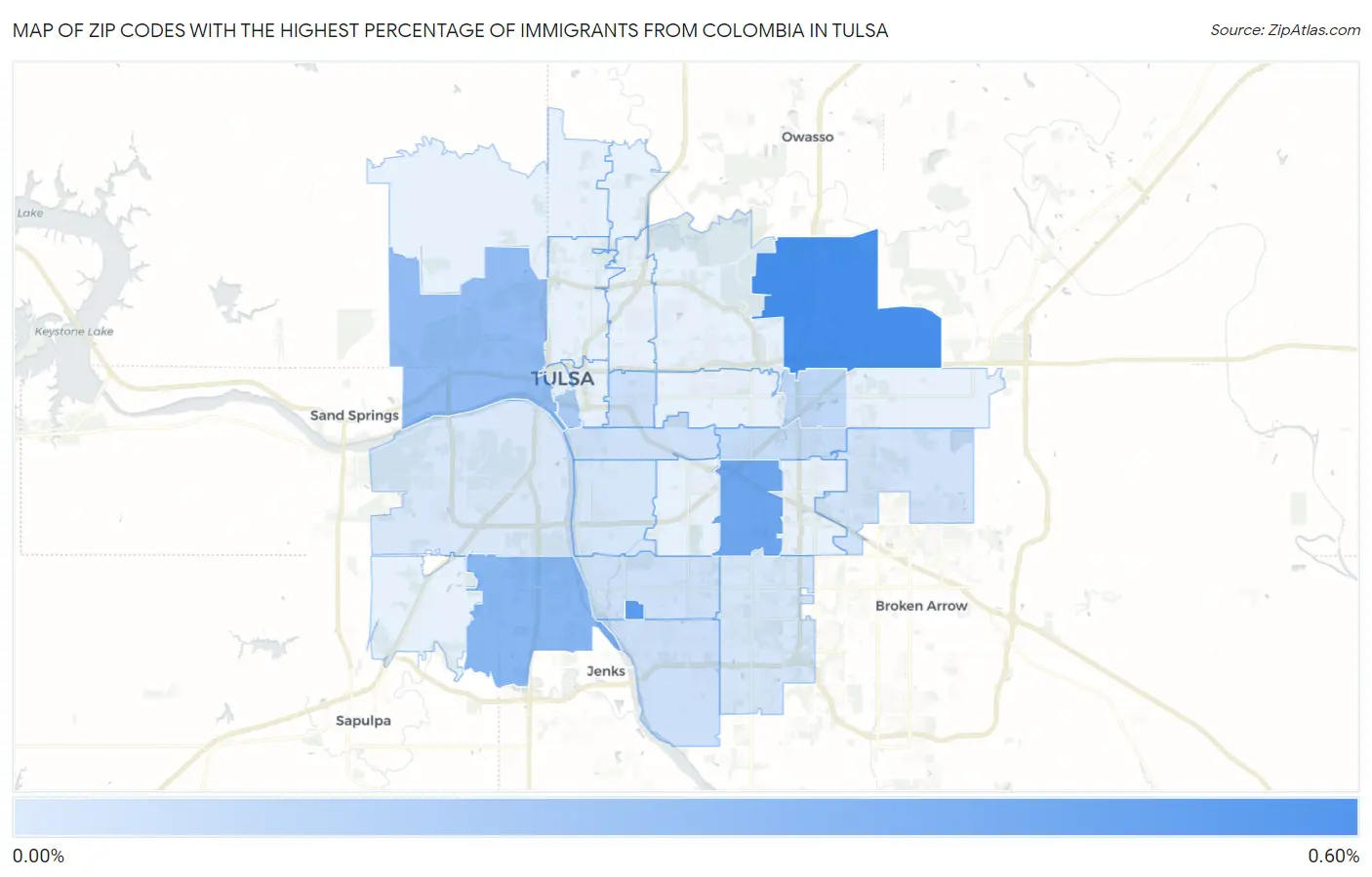 Zip Codes with the Highest Percentage of Immigrants from Colombia in Tulsa Map