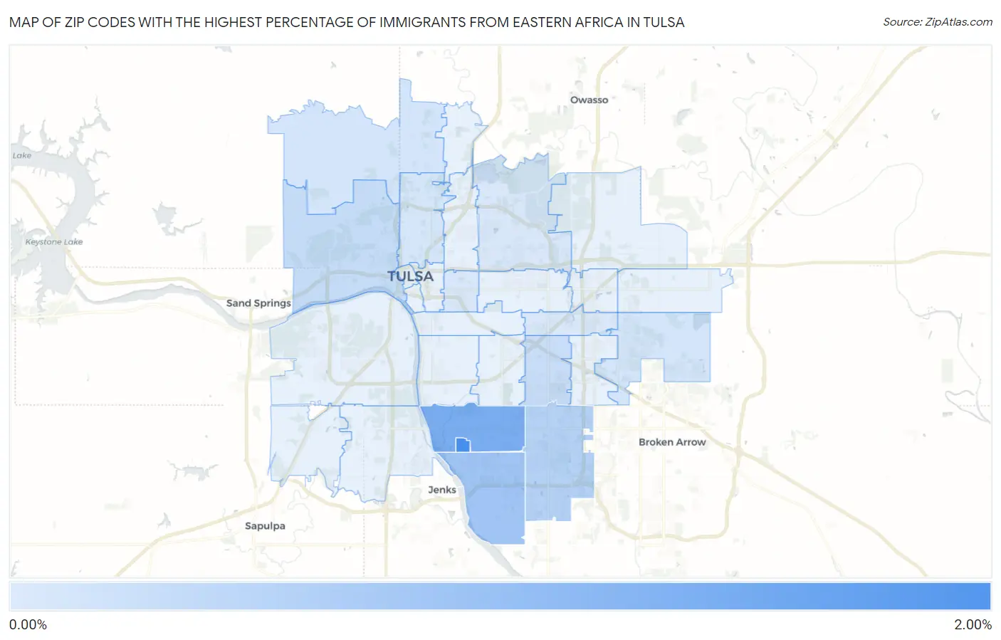 Zip Codes with the Highest Percentage of Immigrants from Eastern Africa in Tulsa Map