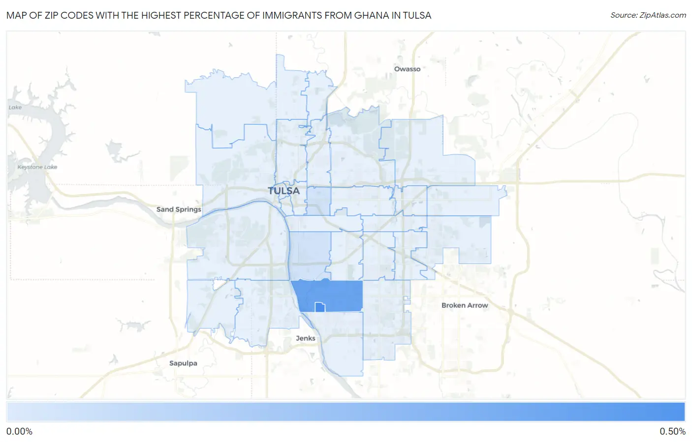 Zip Codes with the Highest Percentage of Immigrants from Ghana in Tulsa Map