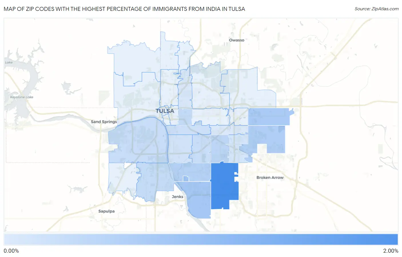 Zip Codes with the Highest Percentage of Immigrants from India in Tulsa Map