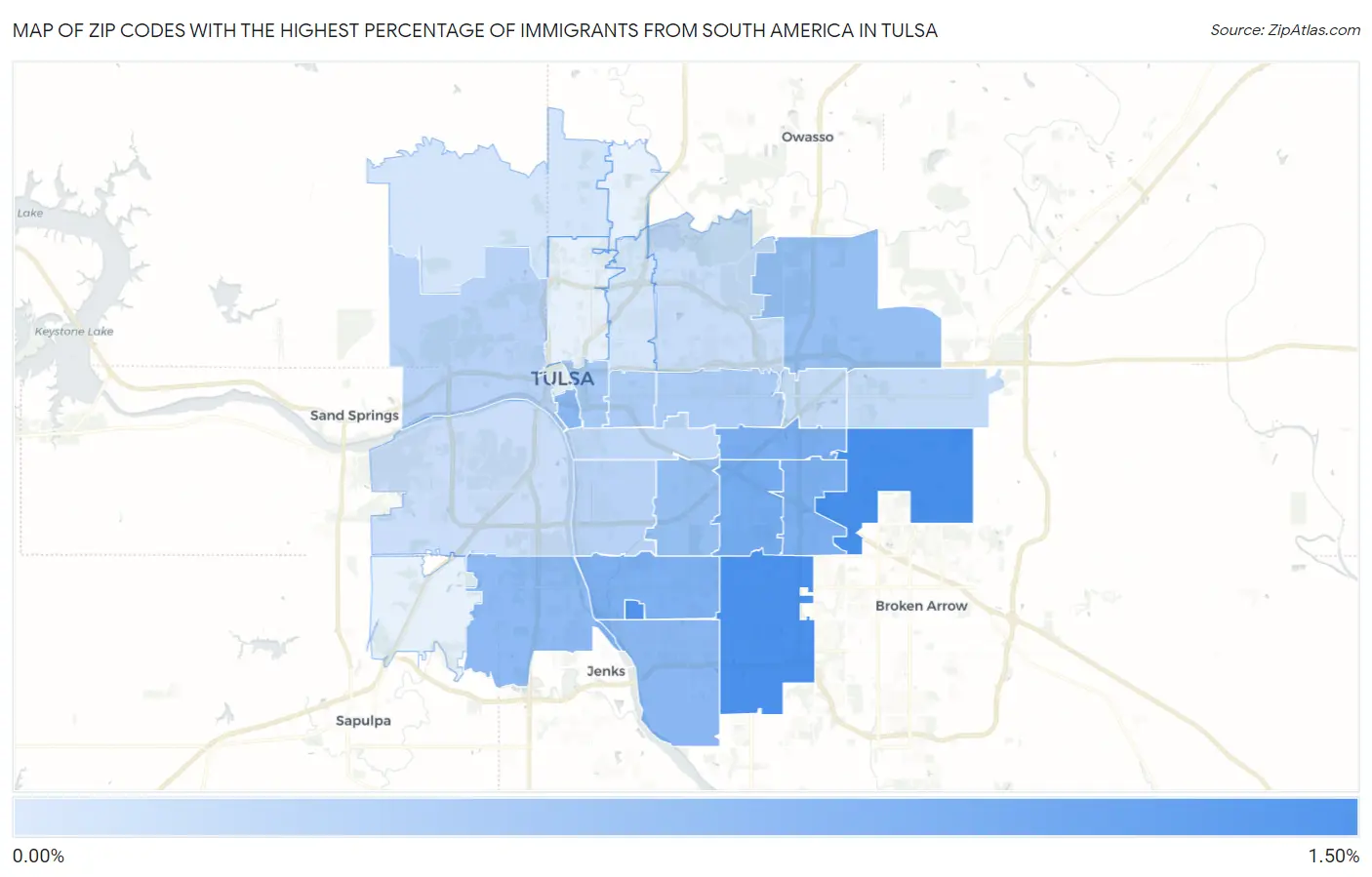 Zip Codes with the Highest Percentage of Immigrants from South America in Tulsa Map
