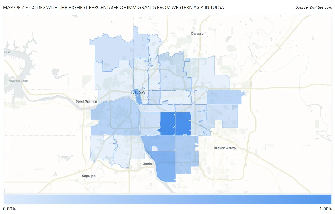 Zip Codes with the Highest Percentage of Immigrants from Western Asia in Tulsa Map