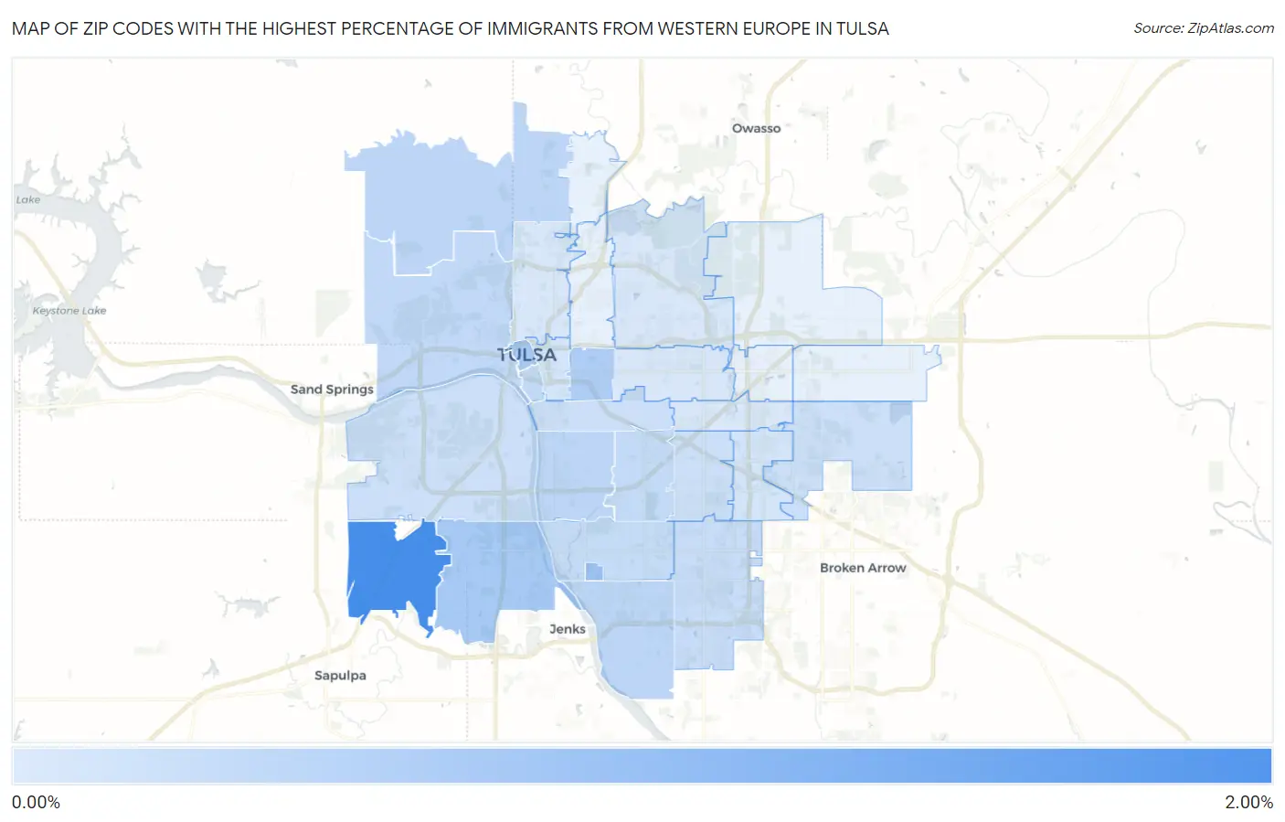 Zip Codes with the Highest Percentage of Immigrants from Western Europe in Tulsa Map