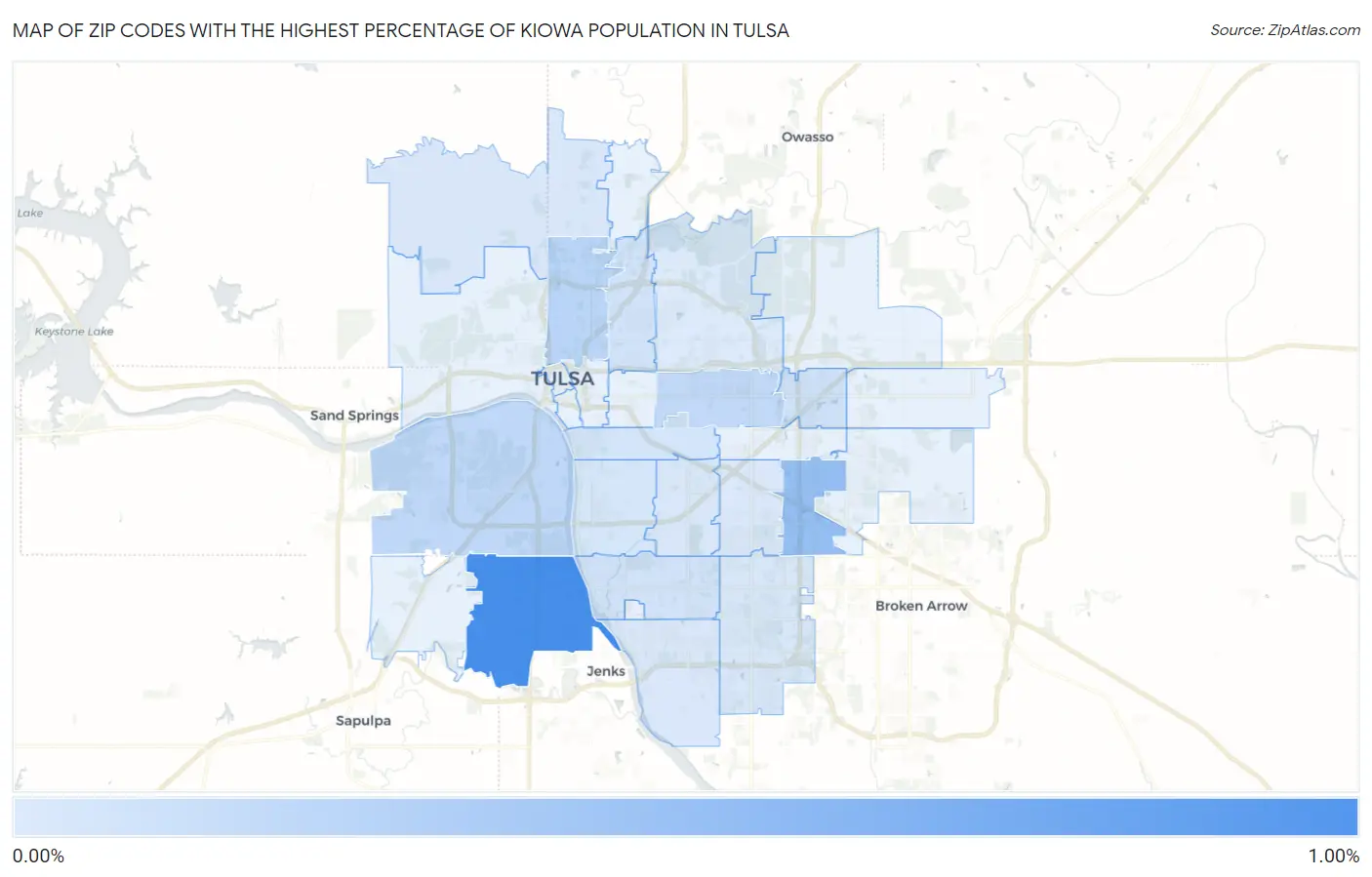 Zip Codes with the Highest Percentage of Kiowa Population in Tulsa Map