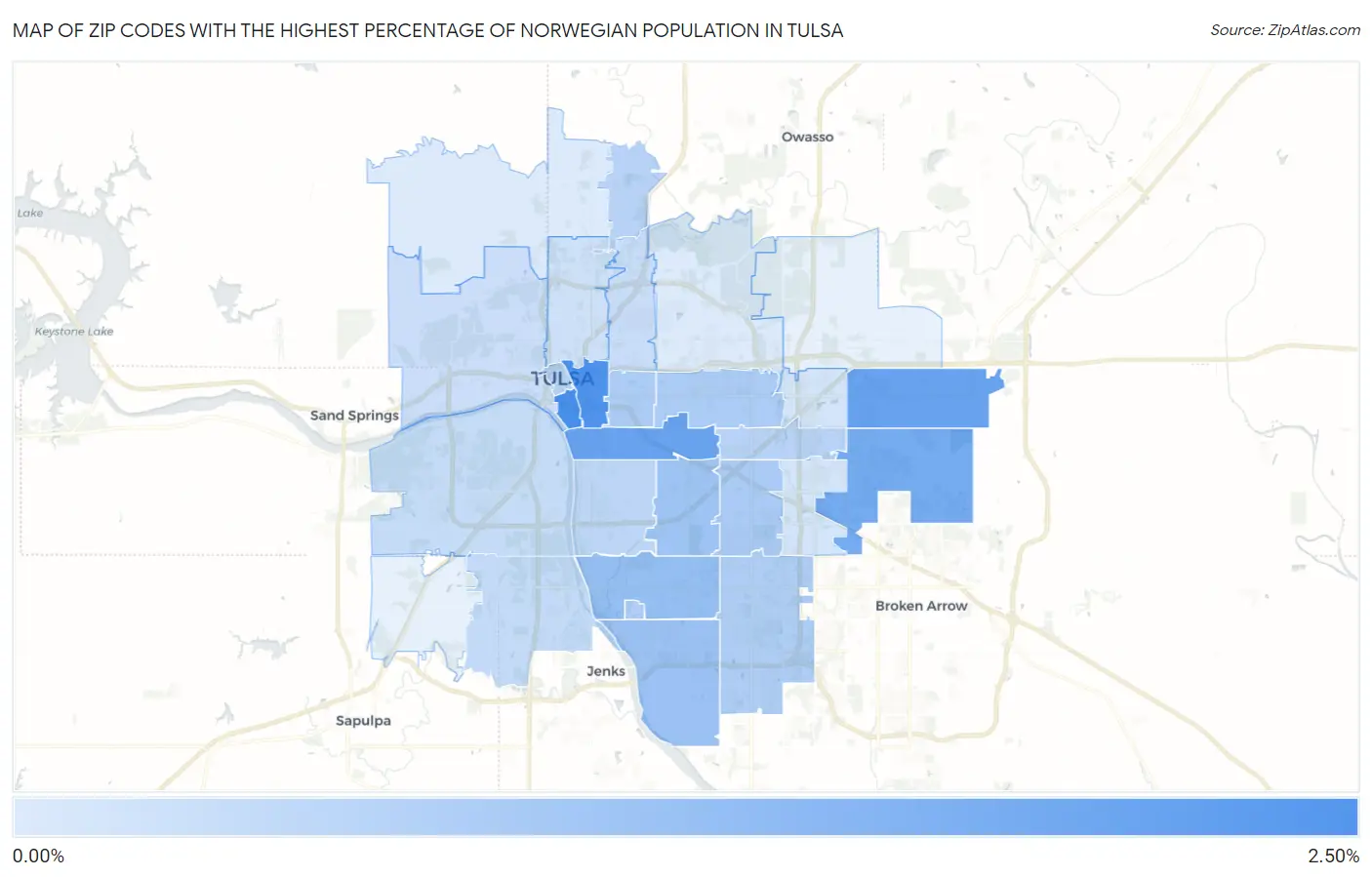 Zip Codes with the Highest Percentage of Norwegian Population in Tulsa Map