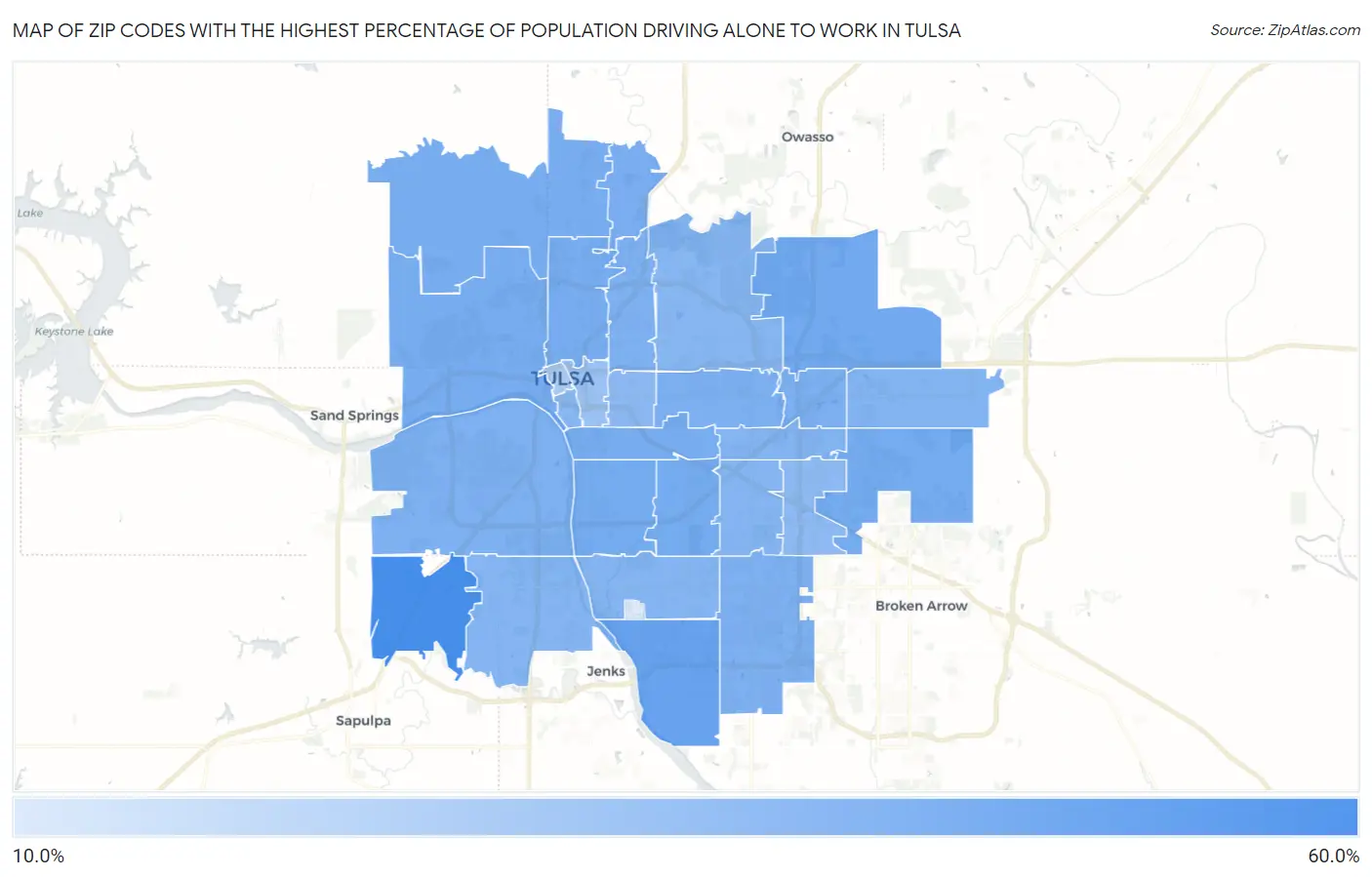 Zip Codes with the Highest Percentage of Population Driving Alone to Work in Tulsa Map