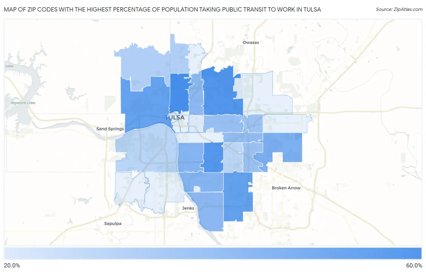 Zip Codes with the Highest Percentage of Population Taking Public Transit to Work in Tulsa Map