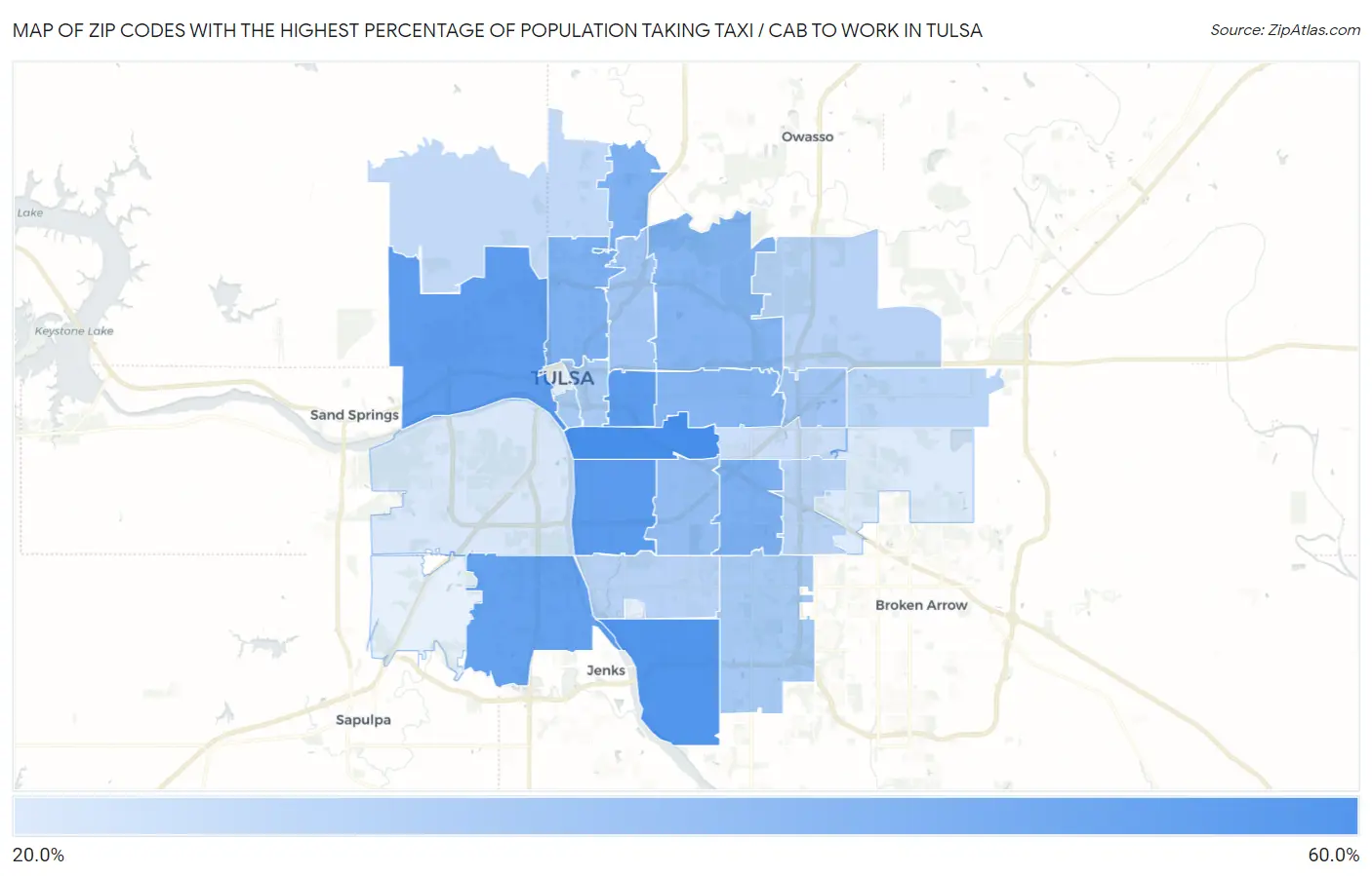 Zip Codes with the Highest Percentage of Population Taking Taxi / Cab to Work in Tulsa Map