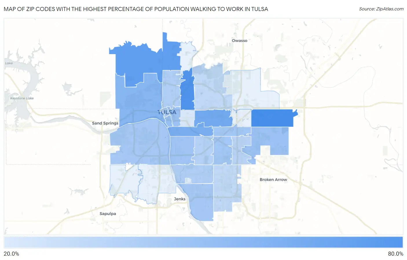 Zip Codes with the Highest Percentage of Population Walking to Work in Tulsa Map