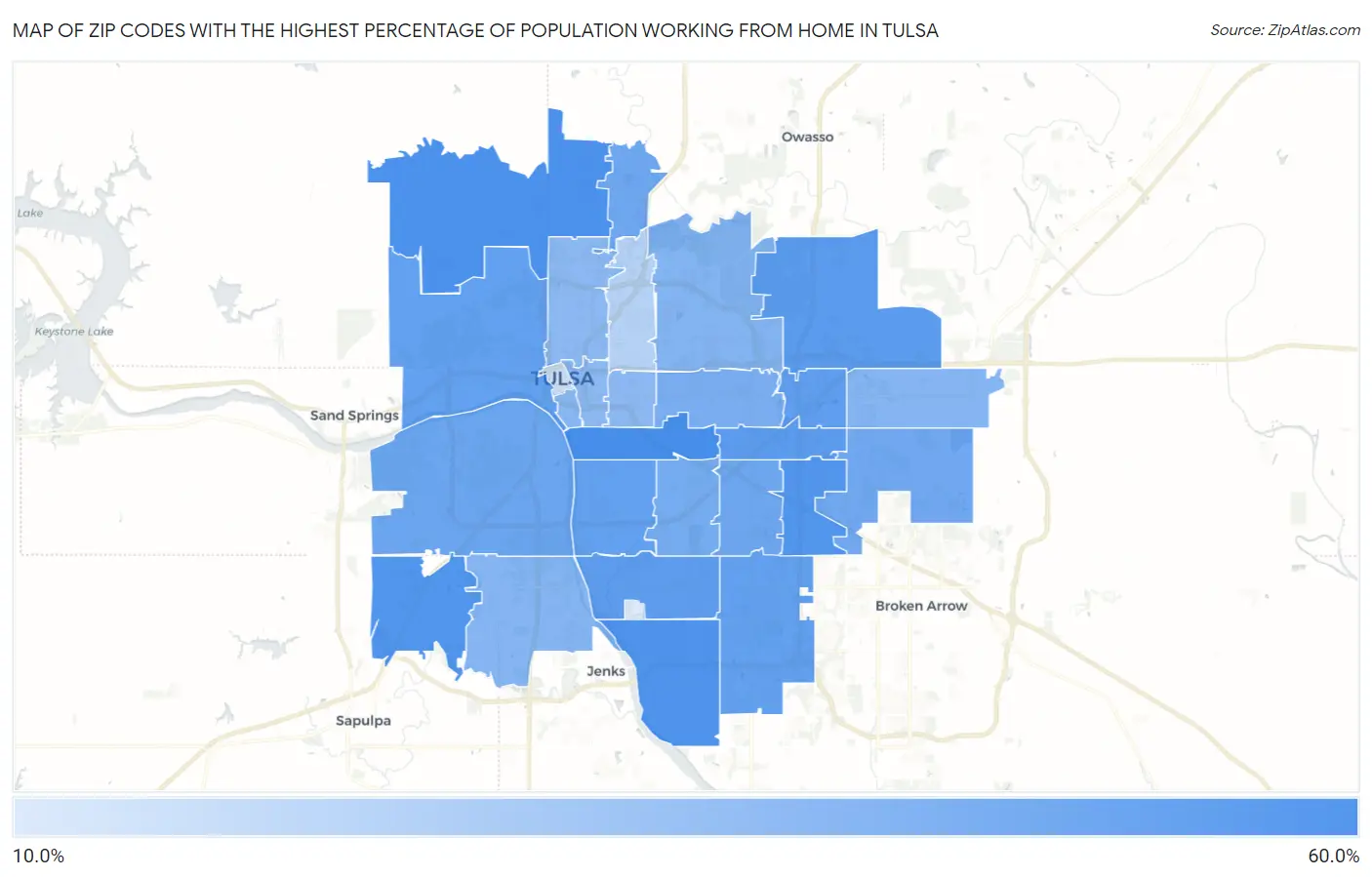 Zip Codes with the Highest Percentage of Population Working from Home in Tulsa Map