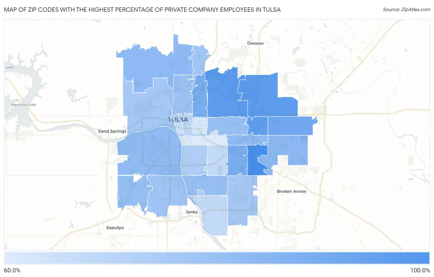 Zip Codes with the Highest Percentage of Private Company Employees in Tulsa Map