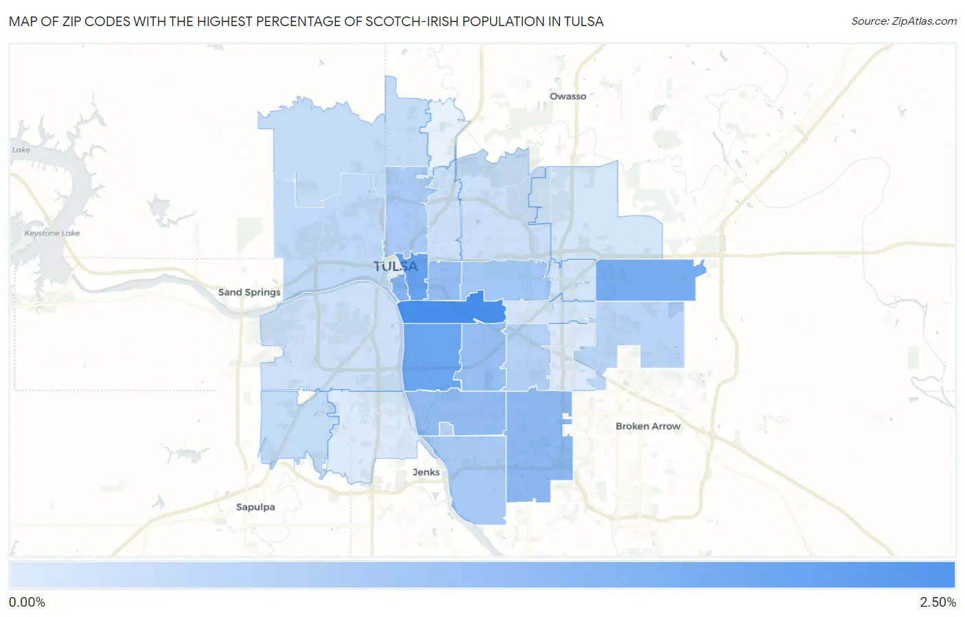 Zip Codes with the Highest Percentage of Scotch-Irish Population in Tulsa Map