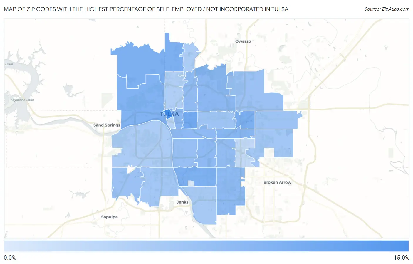 Zip Codes with the Highest Percentage of Self-Employed / Not Incorporated in Tulsa Map