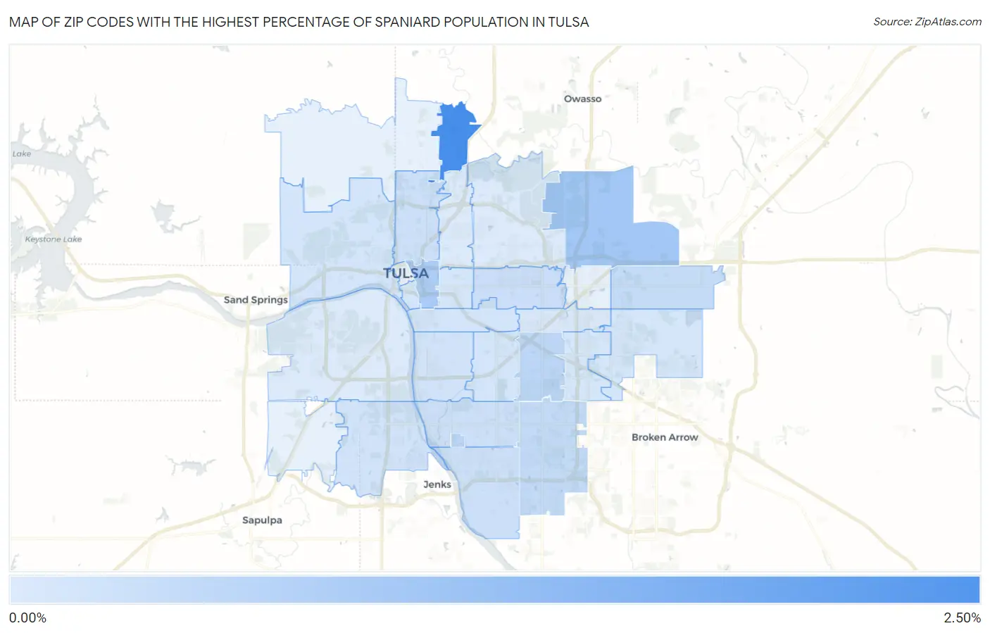 Zip Codes with the Highest Percentage of Spaniard Population in Tulsa Map
