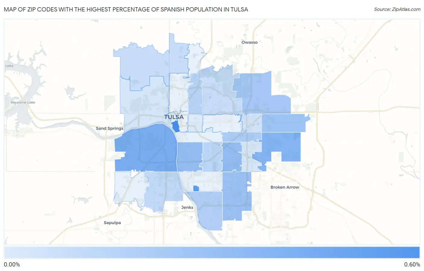 Zip Codes with the Highest Percentage of Spanish Population in Tulsa Map