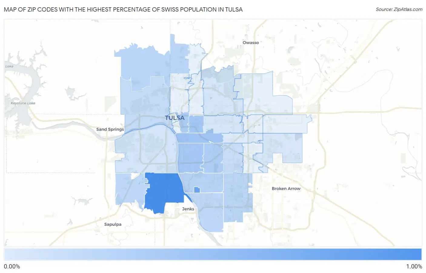 Zip Codes with the Highest Percentage of Swiss Population in Tulsa Map