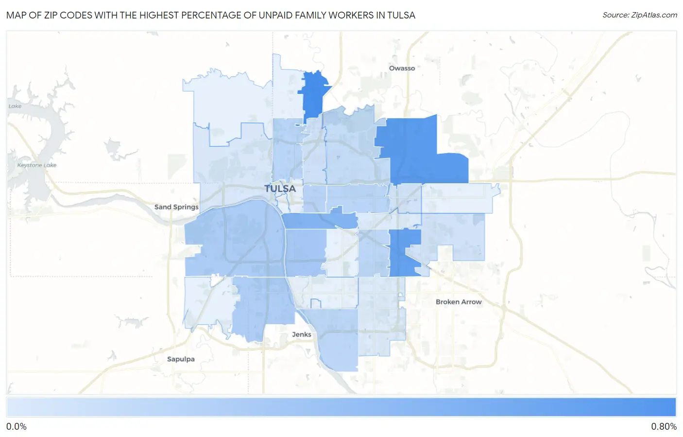 Zip Codes with the Highest Percentage of Unpaid Family Workers in Tulsa Map