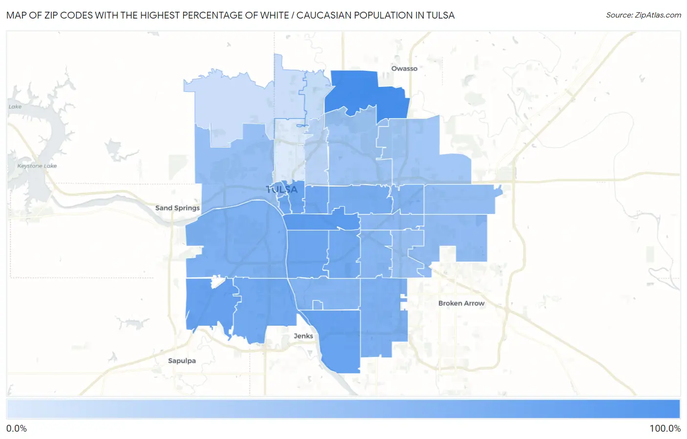 Zip Codes with the Highest Percentage of White / Caucasian Population in Tulsa Map