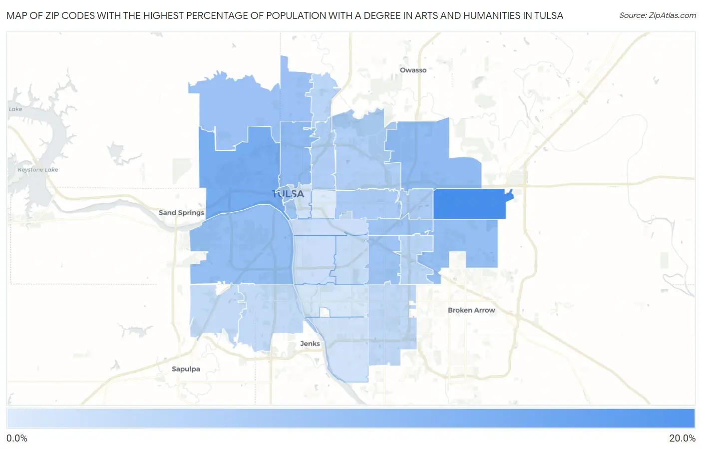 Zip Codes with the Highest Percentage of Population with a Degree in Arts and Humanities in Tulsa Map
