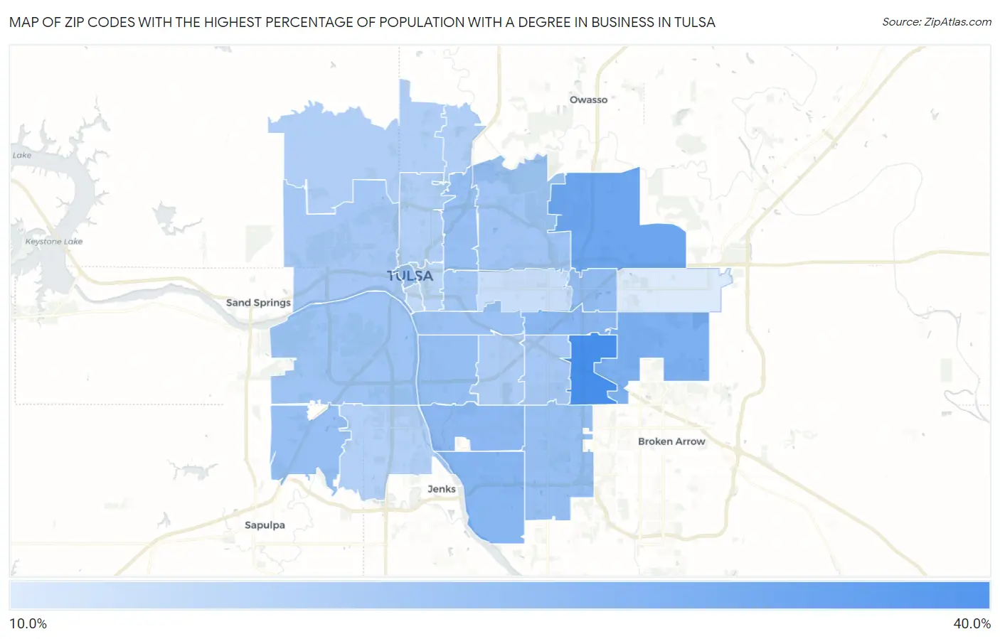 Zip Codes with the Highest Percentage of Population with a Degree in Business in Tulsa Map