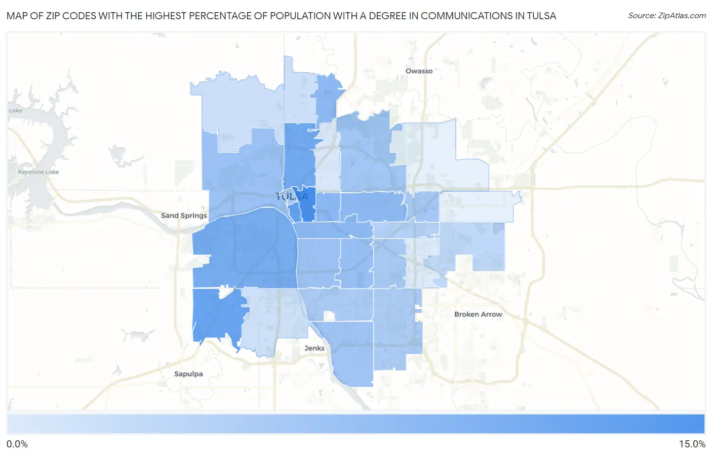 Zip Codes with the Highest Percentage of Population with a Degree in Communications in Tulsa Map
