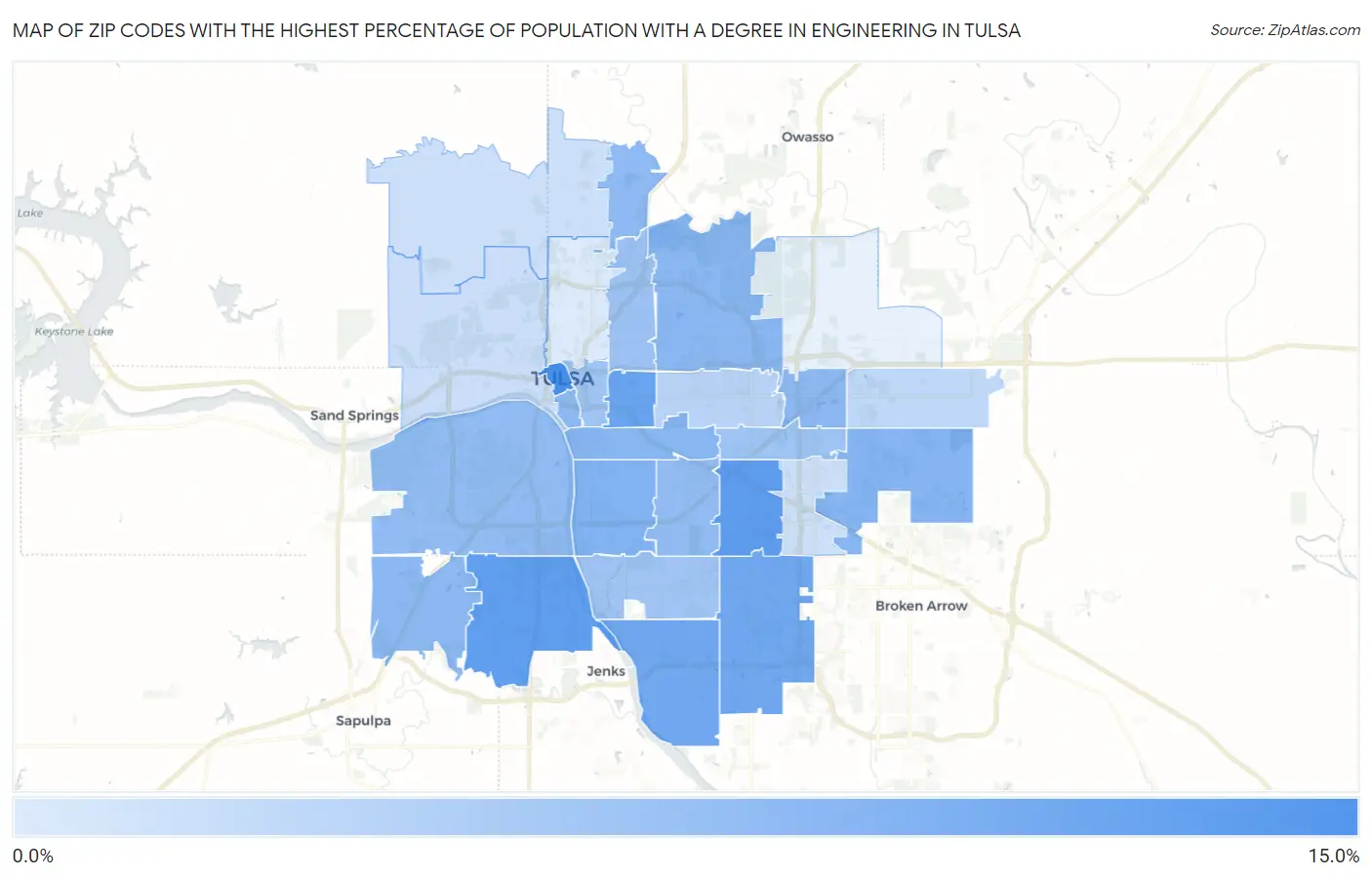 Zip Codes with the Highest Percentage of Population with a Degree in Engineering in Tulsa Map