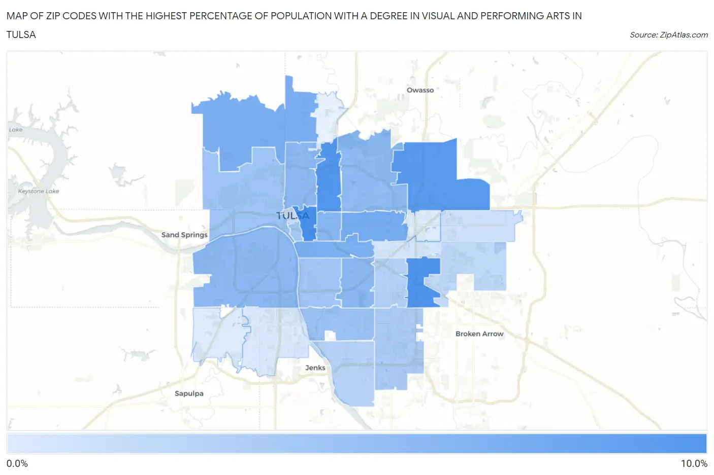 Zip Codes with the Highest Percentage of Population with a Degree in Visual and Performing Arts in Tulsa Map