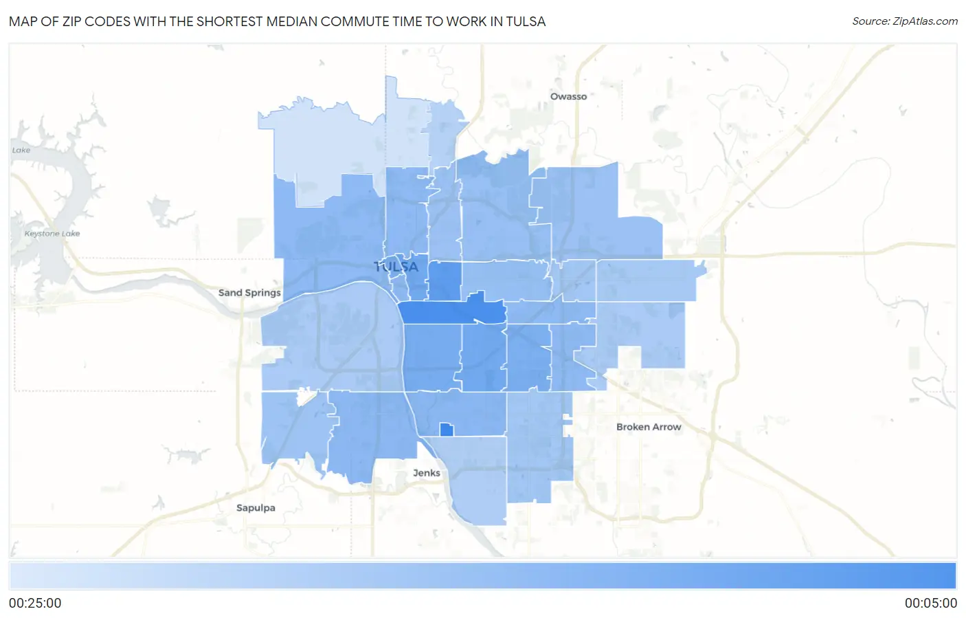 Zip Codes with the Shortest Median Commute Time to Work in Tulsa Map
