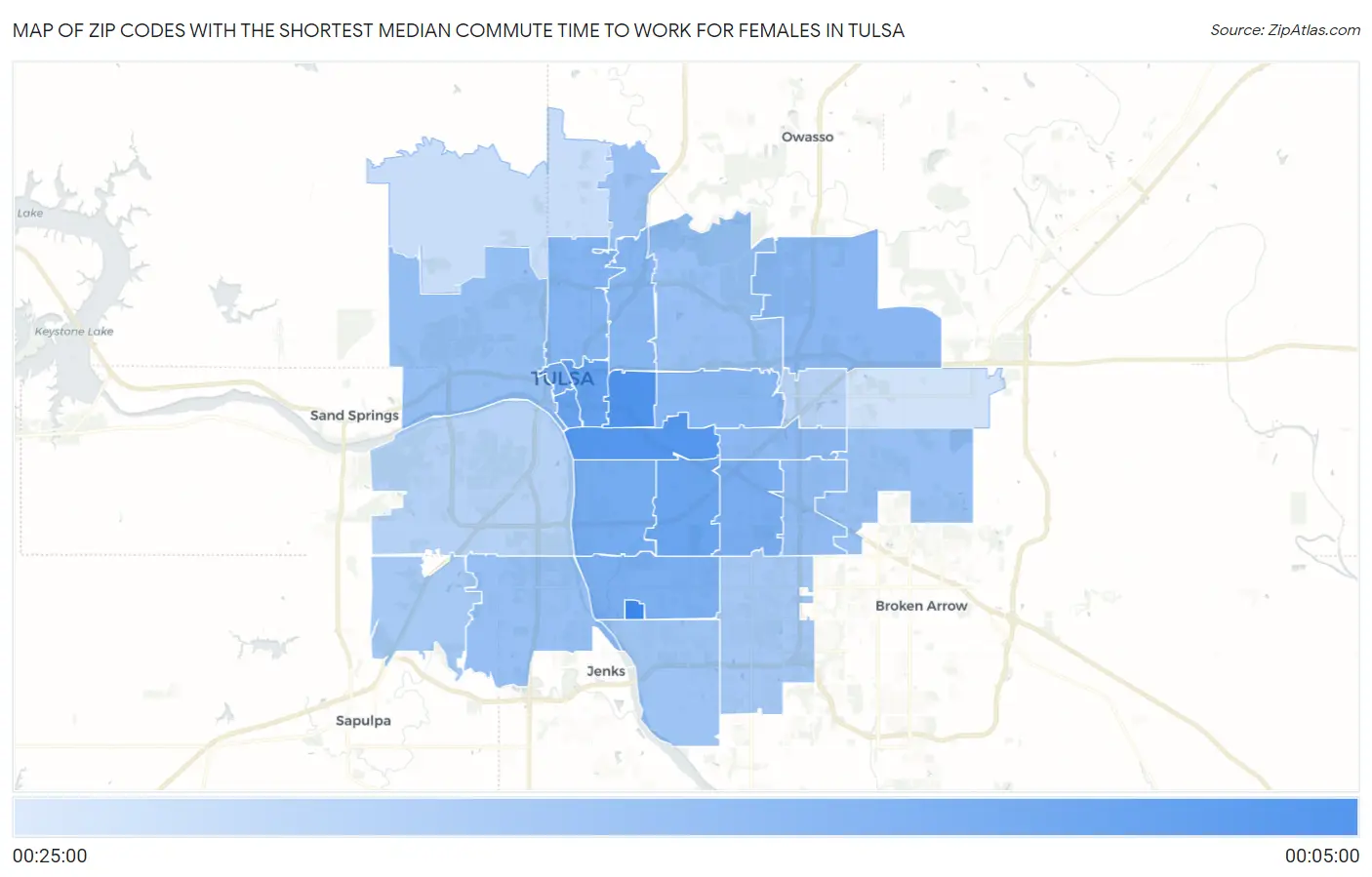 Zip Codes with the Shortest Median Commute Time to Work for Females in Tulsa Map