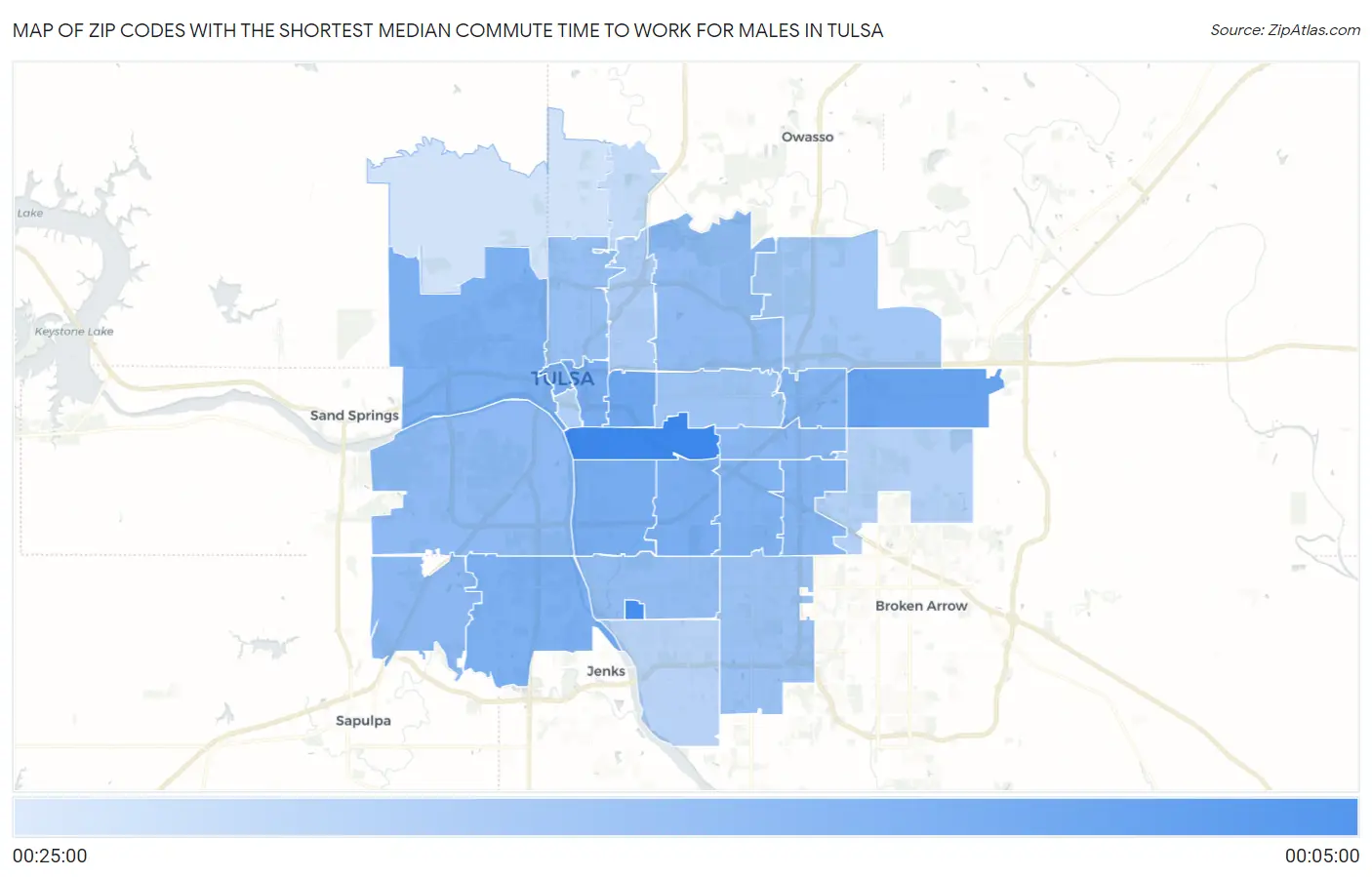 Zip Codes with the Shortest Median Commute Time to Work for Males in Tulsa Map