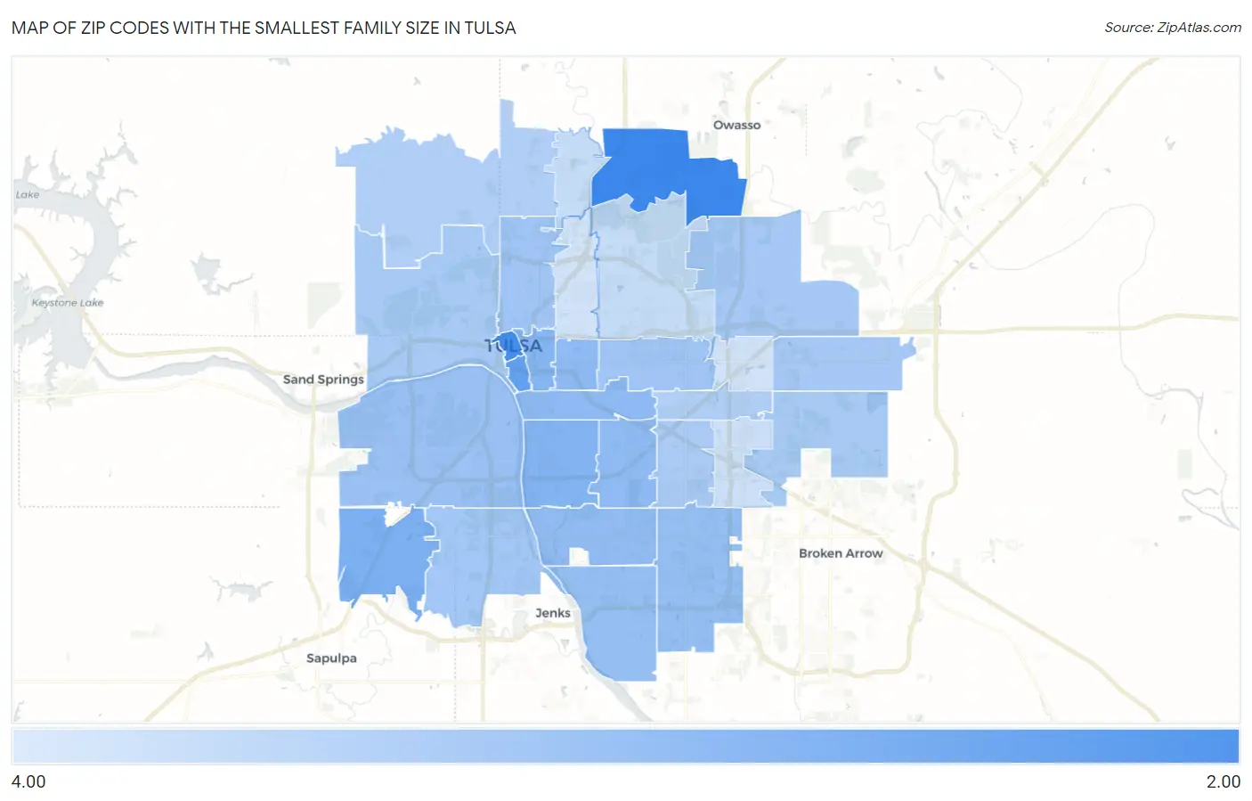 Zip Codes with the Smallest Family Size in Tulsa Map