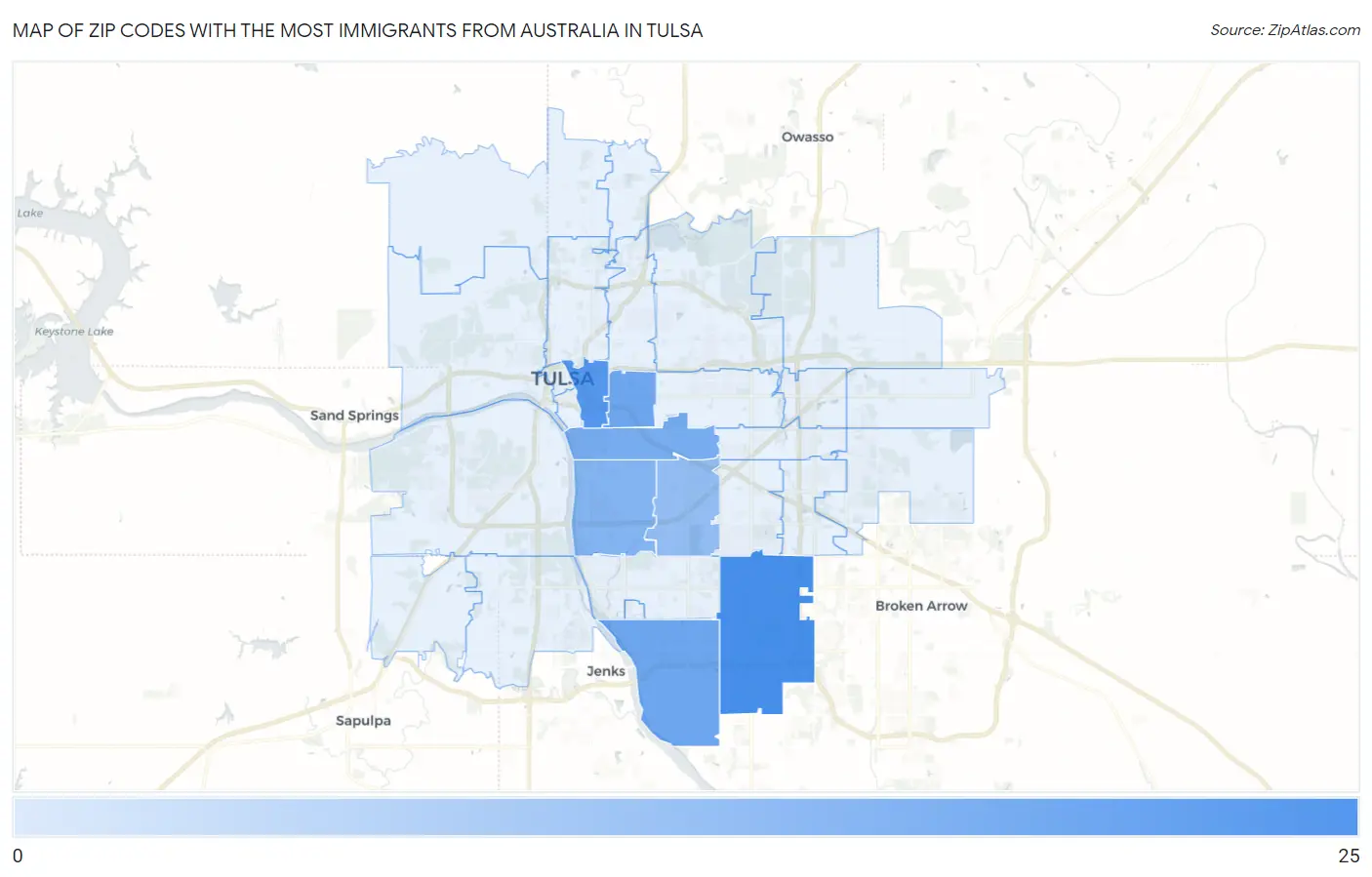 Zip Codes with the Most Immigrants from Australia in Tulsa Map
