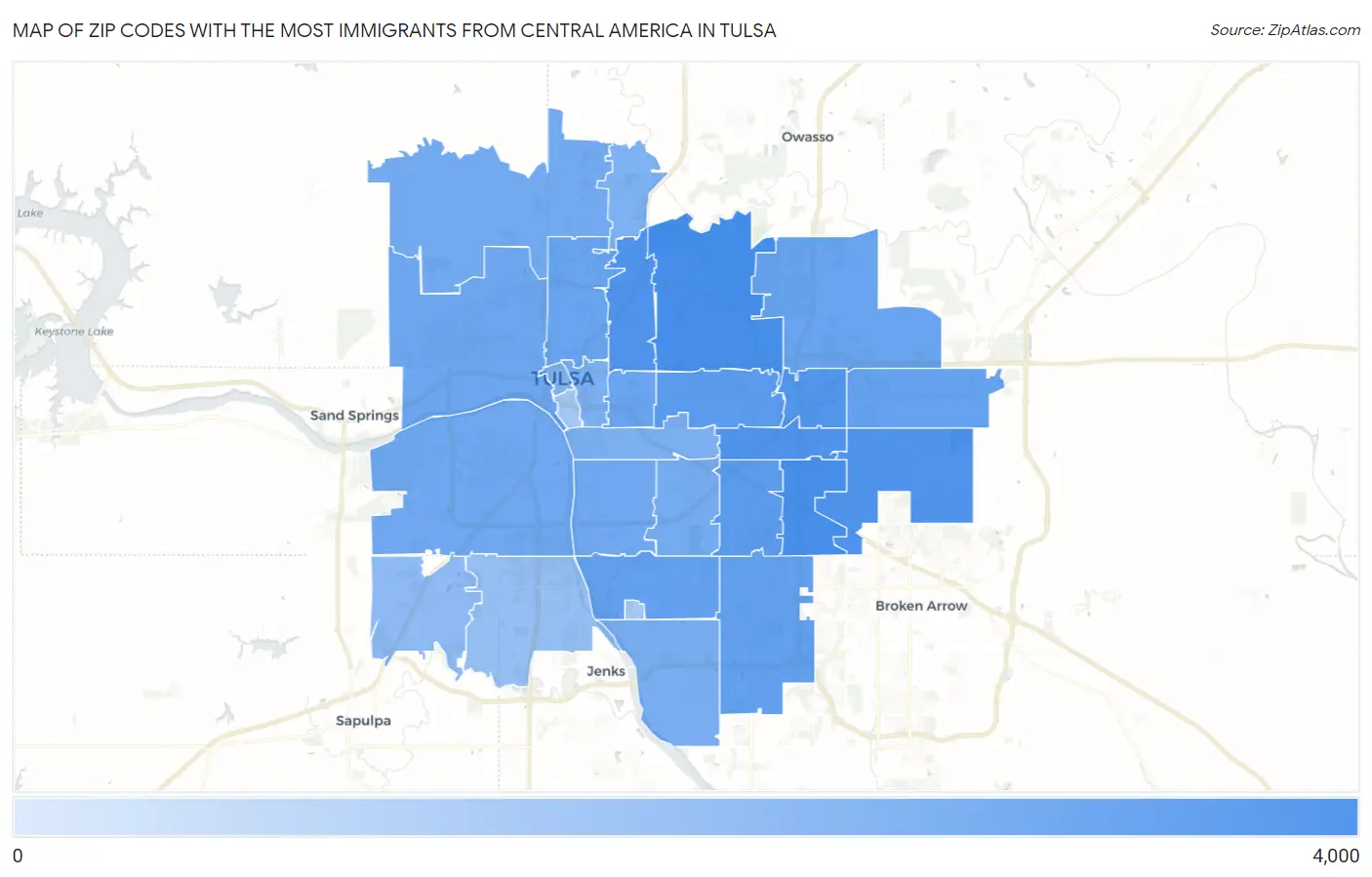 Zip Codes with the Most Immigrants from Central America in Tulsa Map