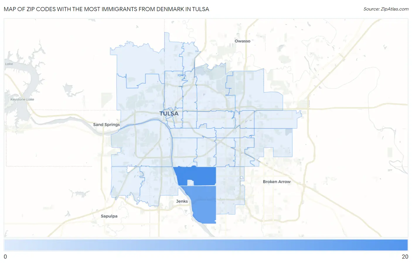 Zip Codes with the Most Immigrants from Denmark in Tulsa Map