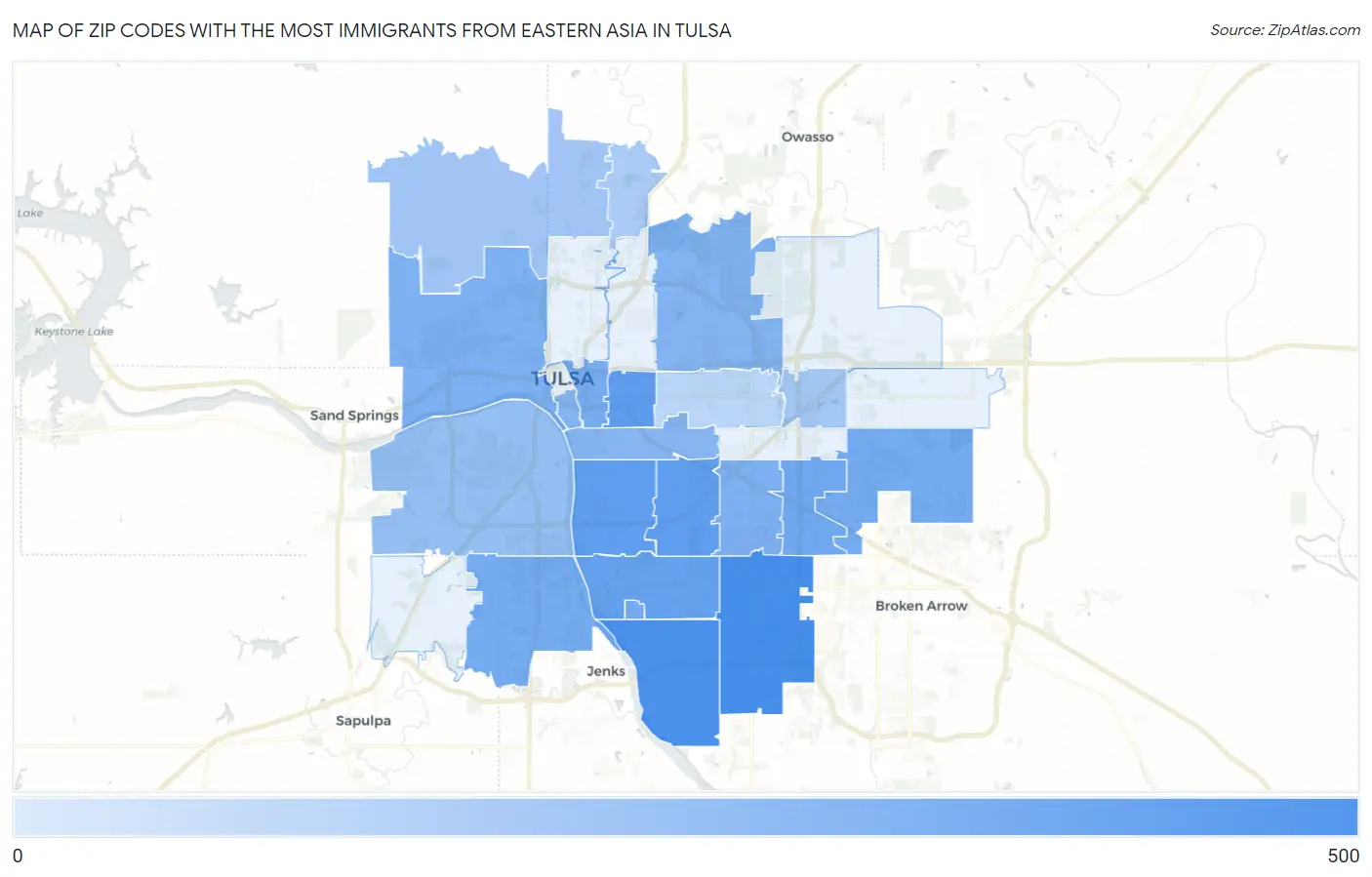 Zip Codes with the Most Immigrants from Eastern Asia in Tulsa Map