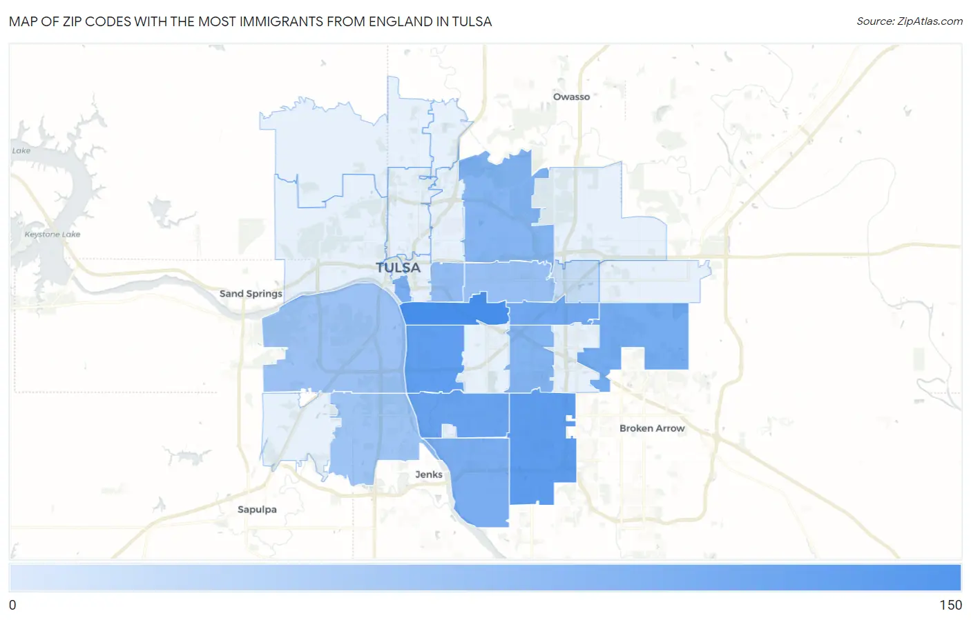 Zip Codes with the Most Immigrants from England in Tulsa Map