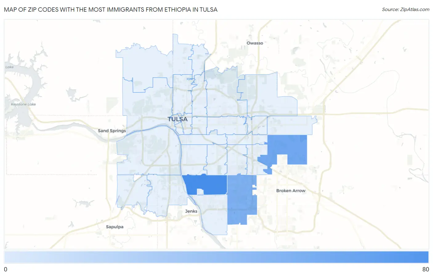 Zip Codes with the Most Immigrants from Ethiopia in Tulsa Map