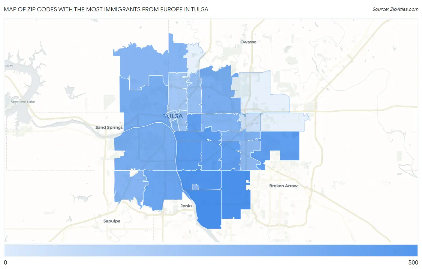 Zip Codes with the Most Immigrants from Europe in Tulsa Map