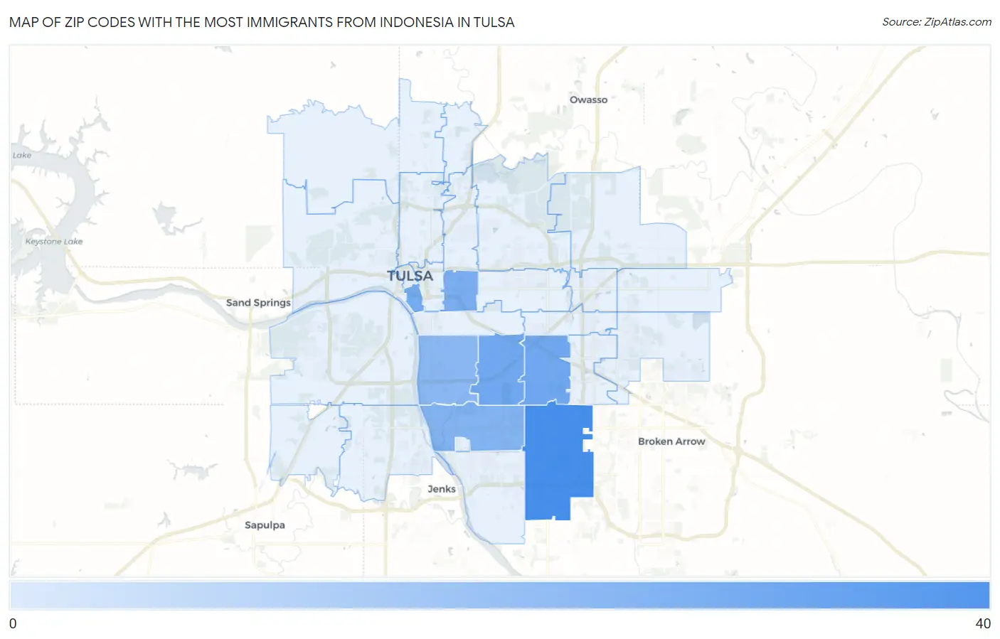 Zip Codes with the Most Immigrants from Indonesia in Tulsa Map